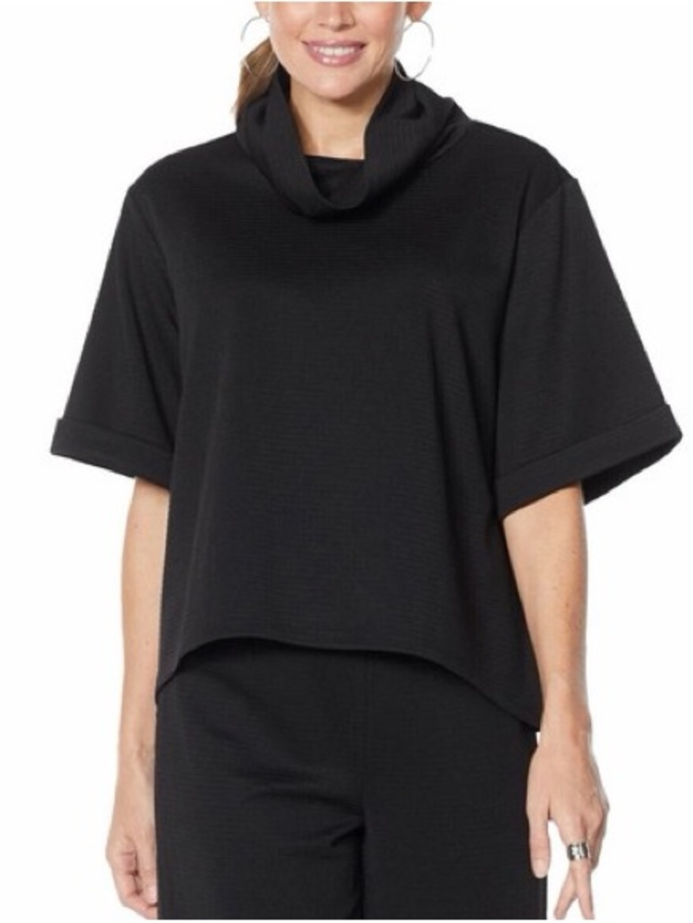DG2 by Diane Gilman Black Short-Sleeve Cowl Neck Sweater Oversized Top